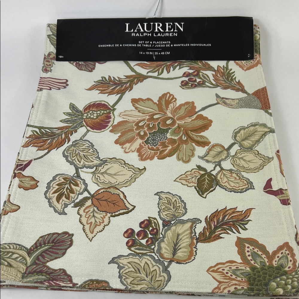 Ralph Lauren Placemats Botanical Print Multi Color Cotton 14 x 19 Set of 6 NEW
